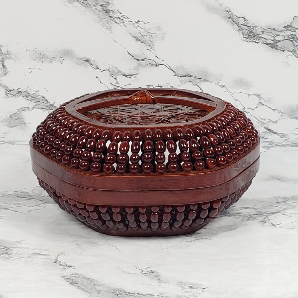 Handmade Asian Bamboo Lacquered Beaded Basket Vintage